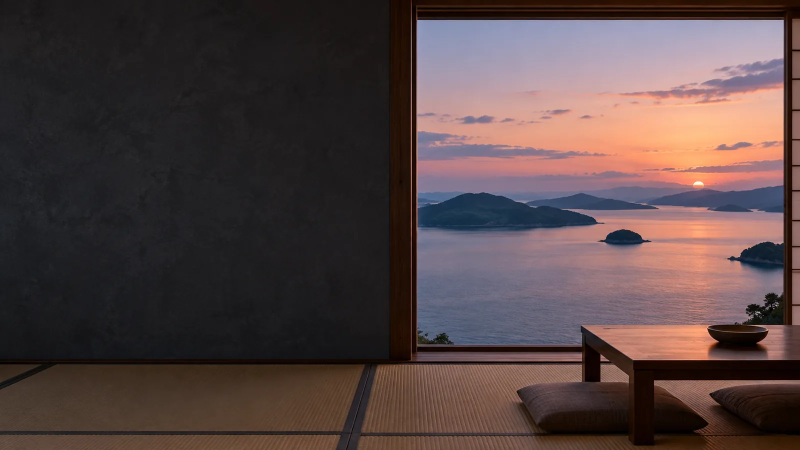 夕暮れの海と島々を大きな窓から望む畳の客室のイメージ。