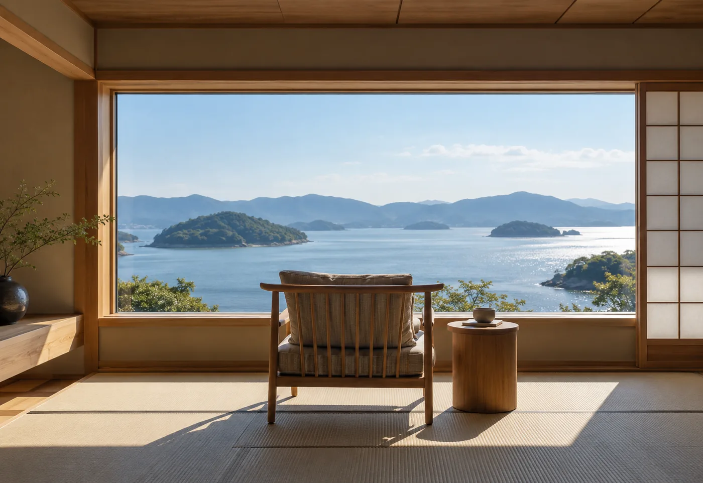 窓辺の椅子から穏やかな海を眺められる客室のイメージ。