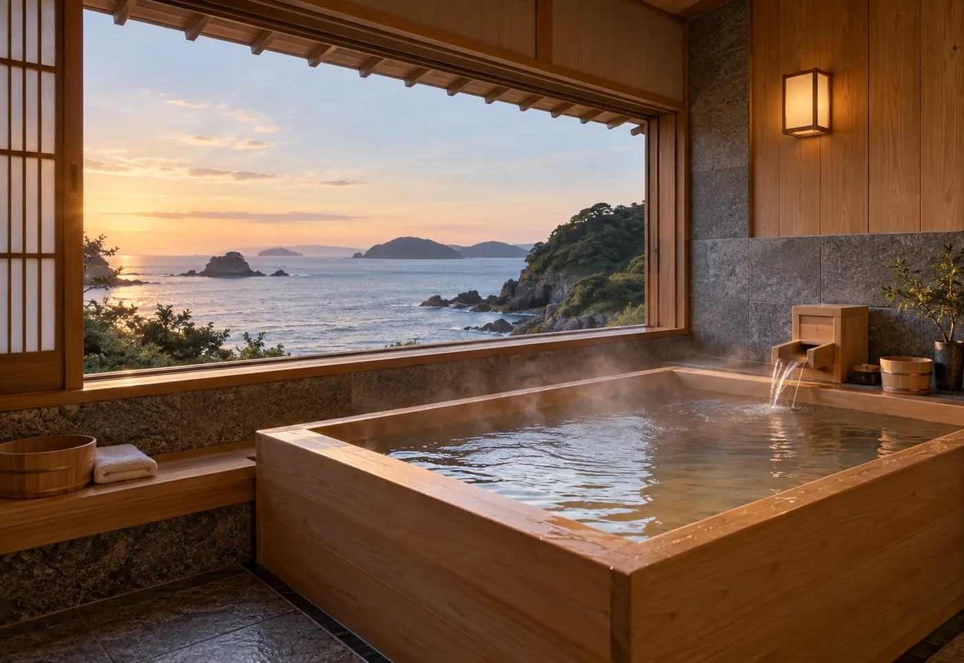 海を望む窓と湯気の立つ木の浴槽がある小さな浴場のイメージ。