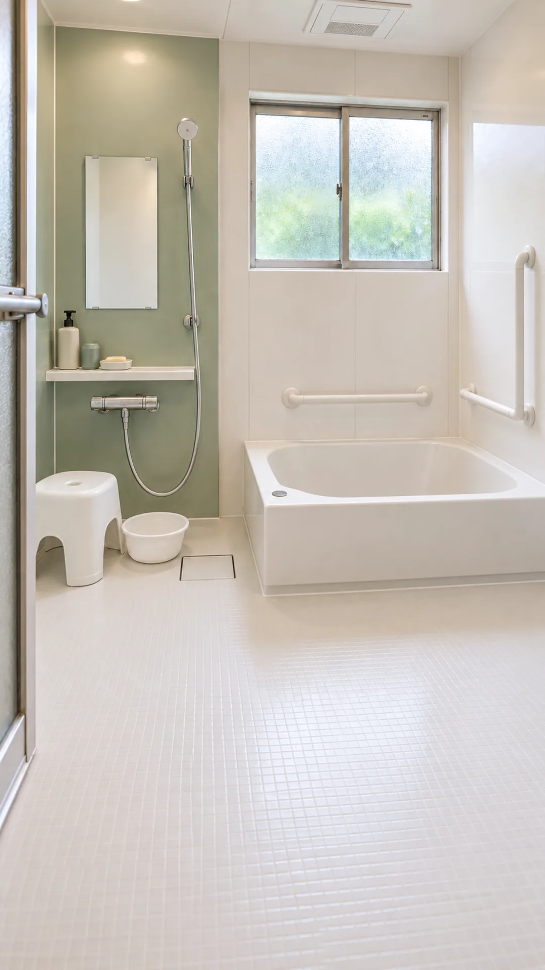 新しい浴室の洗い場と手すりを縦長に写したイメージ。